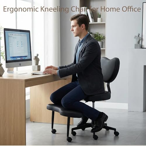 Ergonomic Cross Legged Chair, Meditation Chair Plus with 360° Swivel Wheels for ADHD/Fidgety Sitters, Height Adjustable & Lumbar Support, Black PU, Chic Home Office Furniture