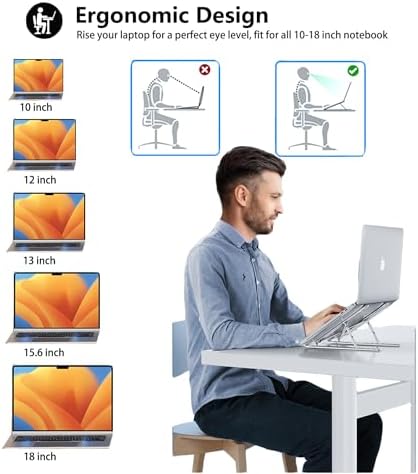 Portable Laptop Stand BEIFOER Foldable Laptop Stands for Desk, Adjustable Aluminum+Silicone Ergonomic Travel Laptop Riser, Ventilated Cooling MacBook Stand for All 10-18'' Notebook, Sliver