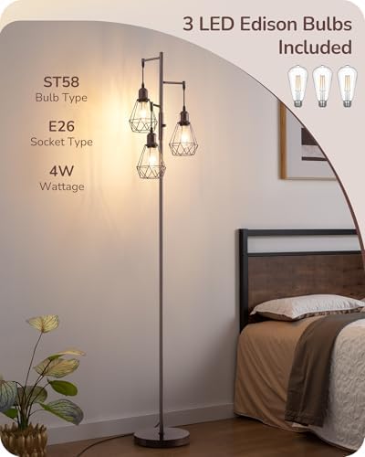 EDISHINE 70" Industrial 3 Light Floor Lamp with 3 LED Bulbs, Dimmable