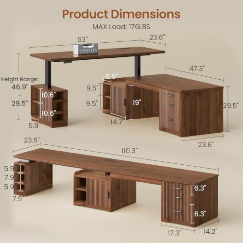 SEDETA Fluted L Shaped Standing Desk with Storage for Home Office, Brown