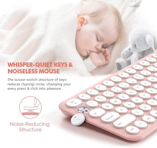 Wireless Keyboard and Mouse Combo,XTREMTEC 2.4GHz Quiet Slim Cute Round Keycap Compact Size Pink Kawaii Cordless Retro Keyboard and Mouse Set Home Office Accessories for Mac/Windows(Sakura Pink)