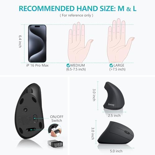 Lekvey Ergonomic Mouse, Rechargeable Vertical Wireless Mouse, Comfort Grip