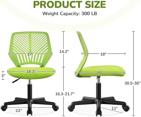 Yaheetech Small Desk Chair, Armless Adjustable Swivel Seat, Green