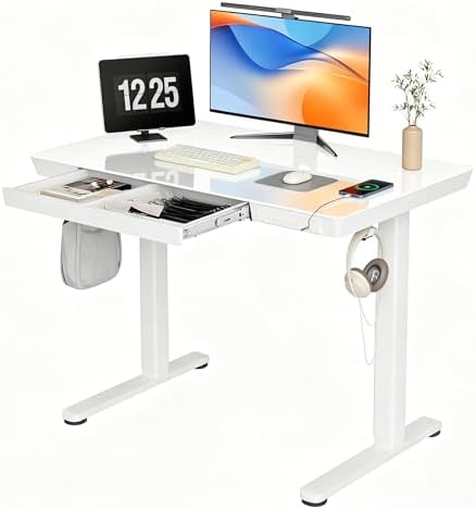INNOVAR 40" Small Glass Standing Desk with Drawers & USB Ports, Whole-Piece Glass Top Adjustable Height Desks, Quick-Install Electric Sit-Stand Up Desk for Home Office & Computer Workstation, White