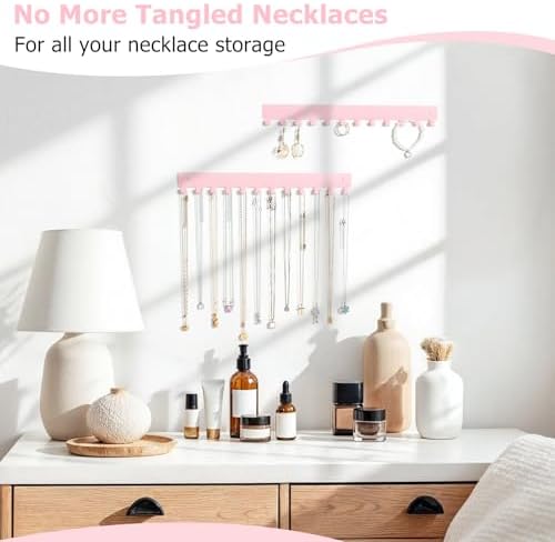 Acrylic Necklace Holder 2 Pack Wall Mounted Necklace Organizer Hanging Jewelry Organizer with 12 Hooks for Necklaces, Bracelets, Rings and Bangles Display Pink