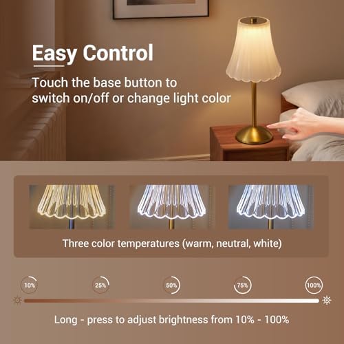 Cordless Table Lamps for Home,Table,Dining Room, Gold Rechargeable Lamps, USB Charge 12'' Tall LED Brass Portable Outdoor Indoor Table Lamp with Built-in Dimmer (Milky)