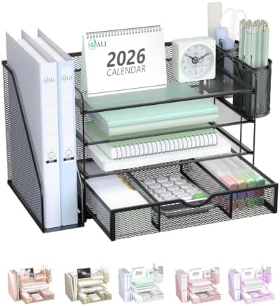 WALI Desk File Organizer, 4 Tier Desktop Paper Letter Tray Organizer with Drawer and 2 Pen Holders, Office Desk Accessories & Workspace Organizers for Office, Home Supplies(DO005DH-B), 1 Pack, Black