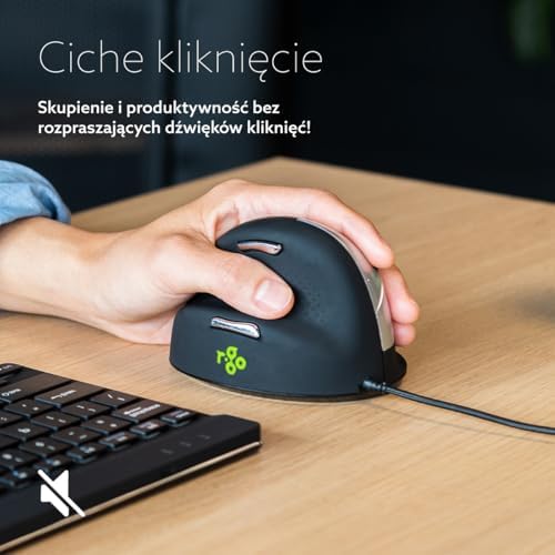 R-Go HE Vertical Ergonomic Mouse, for Left Handed, with Break Software, USB-C/A Wired, Prevents Tennis Elbow/Mouse Arm RSI, Silent Click, 5 Buttons, Compatible Windows/Mac OS, Black/Silver