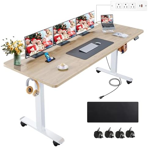 farexon Electric Standing Desk Adjustable Height, 71 x 28in Sit Stand up Desk with Outlets, Mouse Pad,Wheels,3 USB Ports & 3 Power Outlets, Casters, Hooks,4 Memory Preset Heights Home Office,Oak