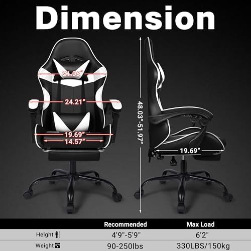 Gaming Chair, Ergonomic Computer Chair with 90°-150° Reclining Backrest & Footrest, Headrest & Lumbar Support, 360° Swivel Height Adjustable Desk Chair, High Back for Adults