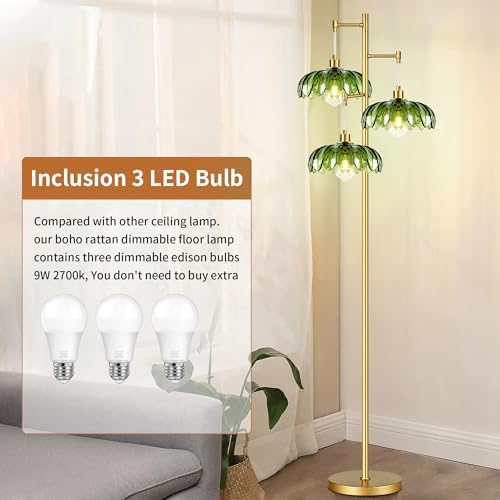 ZECOXOL Gold Floor Lamps for Living Room Bedroom-3 Light Glass Floor Lamp with Three Led Bulb,Mid Century Standing Lamp Vintage Brass Tall Lamp Tree Floor Lamp for Bedroom Corner
