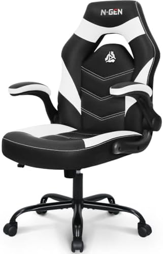 N-GEN GAMING Video Gaming Chair Ergonomic Office Desk Chair with Lumbar Support Adjustable Height Padded Flip Up Arms and Swivel Wheels Racing Style Design for Adults with PU Leather (White)