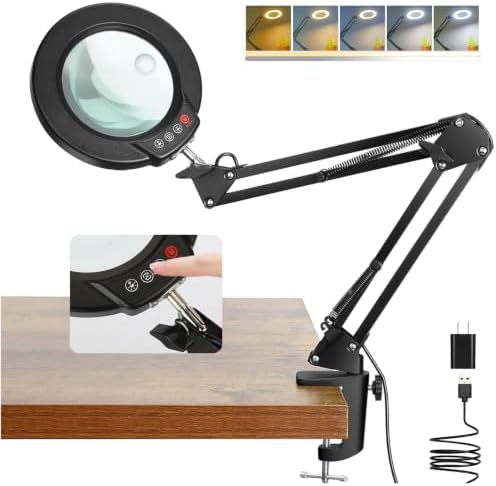 30X 10X Magnifying Glass with Light and Clamp, Real Glass Lighted Magnifier, 5 Color Modes Stepless Dimmable LED Desk Lamp Hands Free for Crafts Hobby Reading Painting Sewing Close Work Black