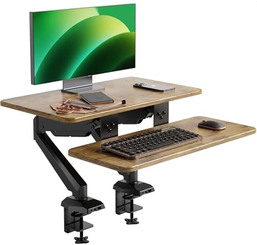 Claiks 24-Inch Sit-Stand Workstation，Innovative Space-Saving Height-Adjustable Ergonomic Desk Converter with Wide Keyboard Tray，Dual Fixation and Flexible Rotation Function, Rustic Brown