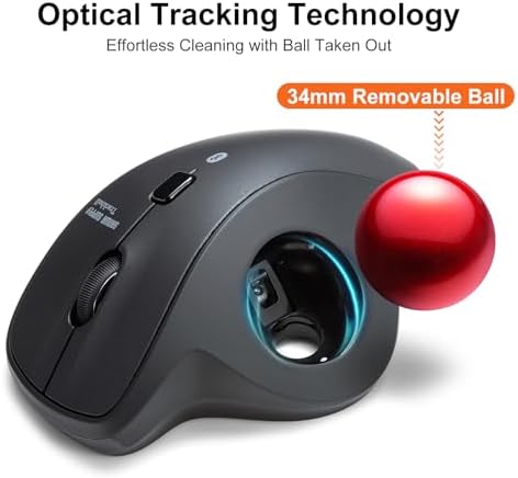 SANWA Bluetooth Trackball Mouse, Wireless Silent Click Roller Ball Mouse, Programmable with Software, 600/800/1200/1600 DPI, Precise Thumb Control, Compatible with Win, Mac, Laptop, PC - Red Ball