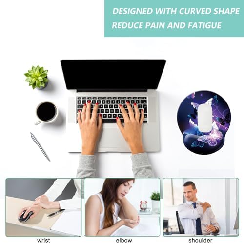 Mouse Pad with Wrist Support, Ergonomic Mouse Pad with Memory Foam Wrist Rest Cushion, Non-Slip Rubber Base Gaming Mice Pad for Home Office Computer Laptop, Butterfly