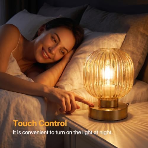 Elenhome Amber Touch Glass Table Lamp Set of 2, 3-Way Dimmable Bedside Lamps, Vintage Mid-Century Modern Nightstand Lamps for Bedroom and Living Room, Ambient Mood Lighting, LED Bulb Included