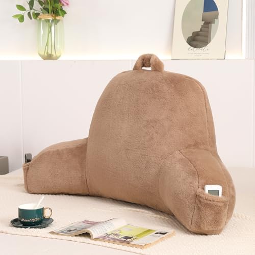 Soft Reading Pillow for Bed with Arms,Middle,Khaki,Faux Fur
