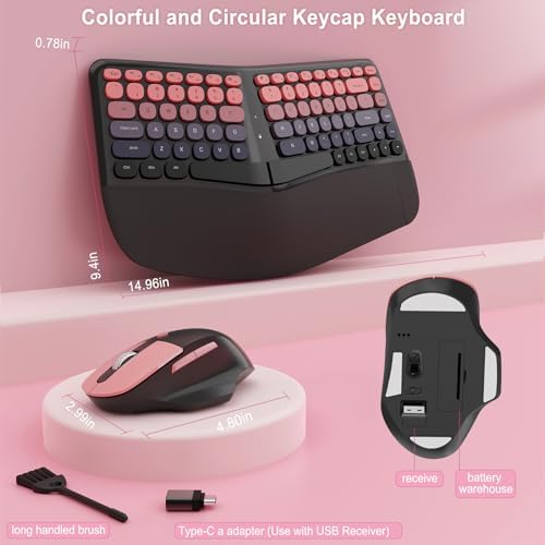 Ergonomic Wireless Keyboard Mouse, Mechanical Gaming Set with Wrist Rest