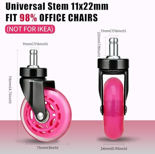 8T8 3" Office Chair Wheels (As Seen On PRC) Replacement Heavy Duty, Universal Rubber Chair Casters Fit 98% Chair, Quiet Smooth Rolling for Hardwood Floor Carpet Mats (Magenta)