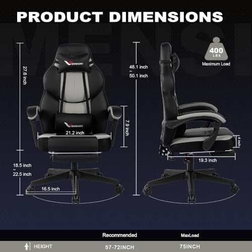 Big and Tall Gaming Chair for Adults 400 lbs, Heavy Duty Wide Seat Black Grey Gaming Office Chair, Ergonomic Comfy Computer Gamer Chair with Footrest& Lumbar Support for Home Office Gaming