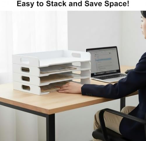 Yinkin Wooden Stackable Paper Trays 4-Tier Wooden Paper Organizer for Desk Letter Documents Woodens Desktop File Organizers for Desktop File Holder and Office Supplies Rack for Home Office Use(White)
