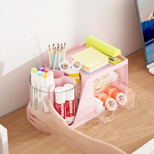 Marbrasse Desk Organizer with 2 Drawer, 360°Rotating Pen Holder, Desk Organizers and Accessories with 6 Slots Pencil Organizer + 2 Drawer, Art Supply Storage Box Caddy for Office (Pink)