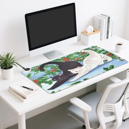 Cat Stretching Heated Mouse Pad Gaming Mouse Pad Waterproof PU Leather Mat Keep Your Hand Foot Warmer, 3 Heat Levels & Auto Shut-Off for Home Office 13x31.5 in