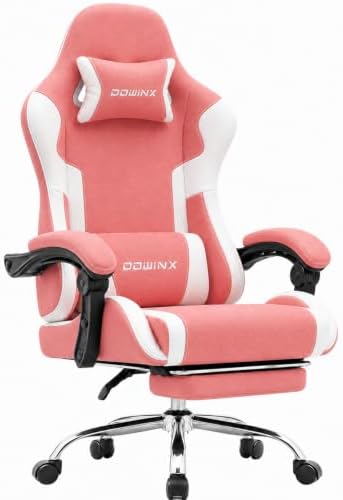 Dowinx Ergonomic Gaming Chair with Footrest & Massage Lumbar, 2D-Linkage Armrests for Computer Chair 330lbs with Headrest Pillow for Office, Home, Streaming and Long Gaming Sessions, Fabric Pink White
