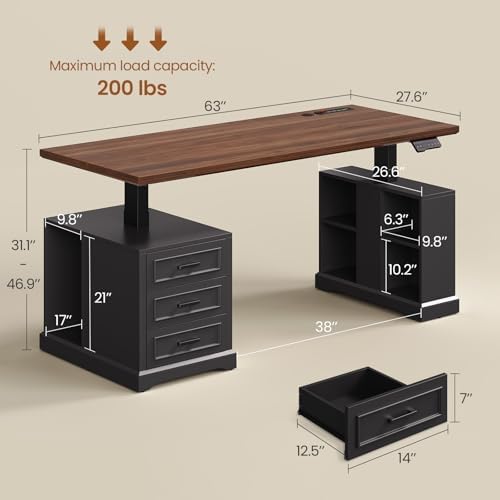 SEDETA 63" Farmhouse Electric Standing Desk with 3 Drawers, Storage Shelves