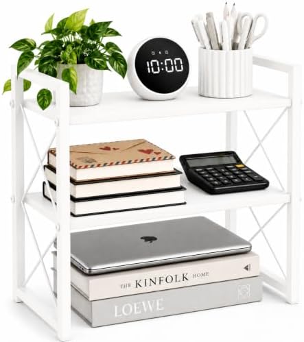 Adjustable Desktop Bookshelf, Metal Desk Shelf Organizer, White