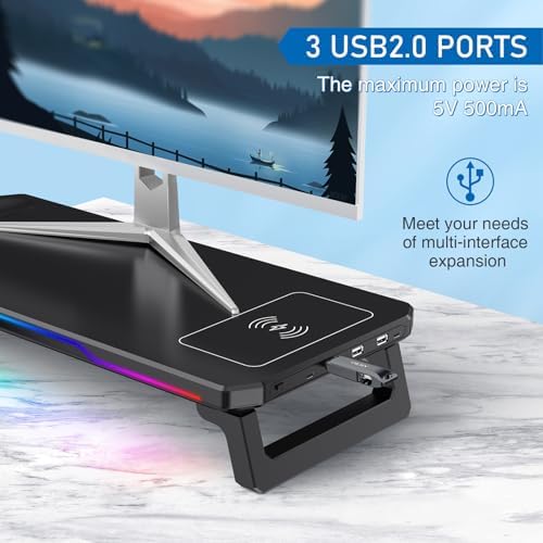 Monitor Stand Riser with USB 3.0 Hub & Type-C Port, 15W Fast Wireless Charging & RGB Lighting, Desk Organizer for Home Office PC iMac 27 Inch (Black)
