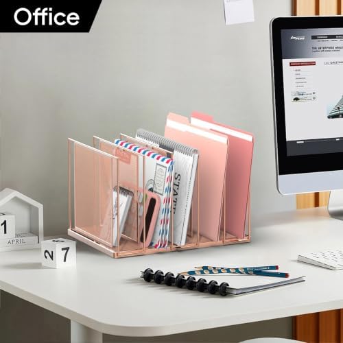 File Organizer for Desk, 5-Section Vertical File Sorter, Paper Holder Organizer Standing Metal File Folder for Office Home Classroom, Rose Gold