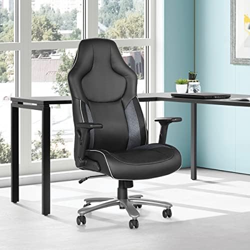OSP Home Furnishings ECH Series Big and Tall Bonded Leather Gaming Chair for Up to 350 Pounds with Height Adjustable Flip Arms and Metal Base, Grey Mesh