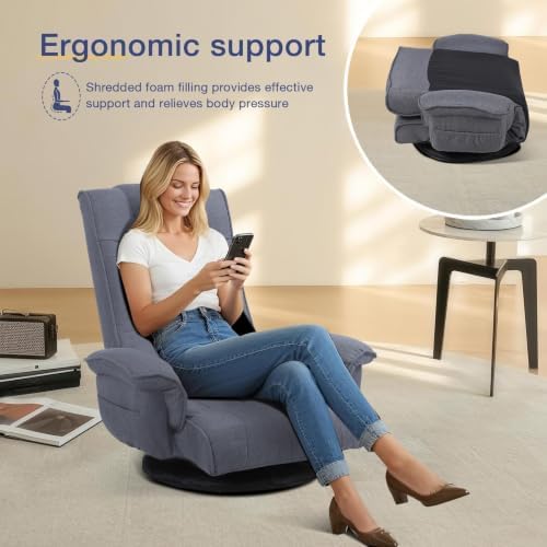 Linen Fabric Ergonomic Gaming Chair, 6-Position Reclining Sofa Bed with Lumbar Support, Foldable Floor Lounger with Thick Cushion, Armrests & Side Pockets for Esports, Reading, Napping (Gray)