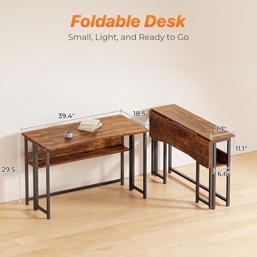 Huuger Folding Desk with Storage Shelf, 39.3 Inch Foldable Computer Table