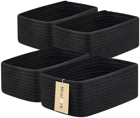 MiniArk Small Storage Baskets for Organizing | Closet Organizer Bins | Shelf Toy Basket | Woven Rope Baskets | Cube Decorative Box | Shallow Basket | 11.5x7.5x4.7” | 4 Packs Black