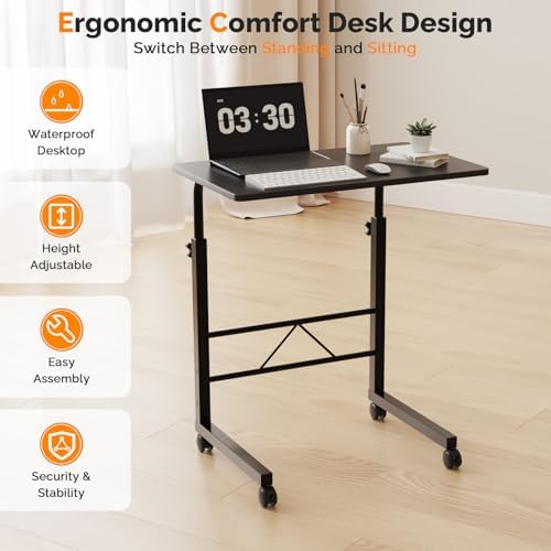 FCH Computer Workstation, Standing Desk Adjustable Height, Small Computer Desk w/Rolling, Sit Stand Laptop Desk TV Tray Computer Workstation for Bed Sofa Hospital Reading Eating, 23.6", Black