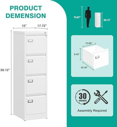 SISESOL 4 Drawer File Cabinet with Lock and Tag,White Vertical File Cabinet,Narrow Locking Filing Cabinets with Drawers,Metal Filing Storage for Home Office Fit A4 Legal/Letter Size