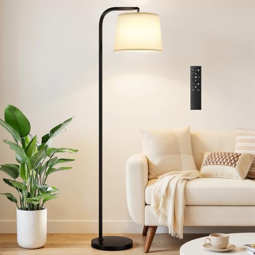 Ambimall Remote-Controlled Floor Lamp - Color Temperature Adjustable and Fully Dimmable, Standing Lamp for Living Room with Rotating Head, Tall Lamp for Bedroom, 9W Bulb Included (Black and Beige)