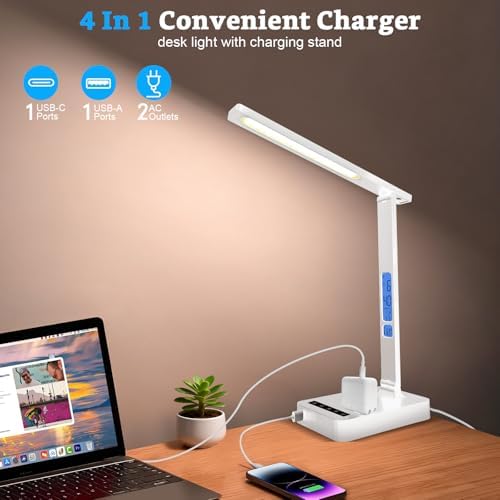 snsok Smart Desk Lamp with Dual USB Charging (Type-C/USB-A) & 2 AC Outlets, Digital Clock, Temperature Display, 5 Color Modes, 5 Brightness, Adjustable - for Office, Bedroom, Dorm Room, Study