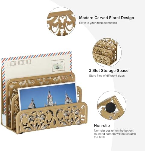 EasyPAG Mail Organizer Countertop 2pc Desk Mail Sorter for Envelope 3-Slot Vertical Letter Holder for Office, Home, School, Gold