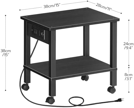 HOOBRO 2-Tier Printer Stand with Charging Station, Under Desk Printer Table, Printer Cart with Storage Shelves, Shelf for Small Spaces, for Home Office, Black BK38UPS01