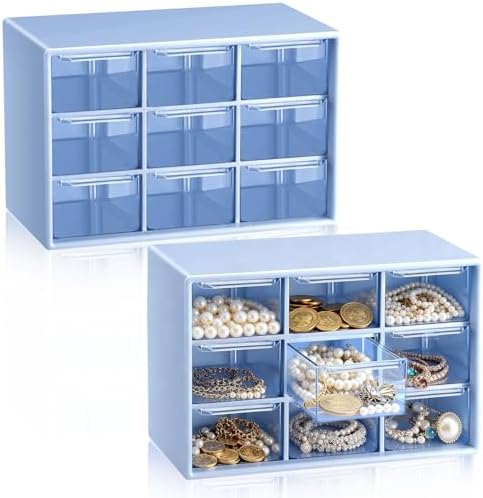 Wenqik 2 Pcs Mini Storage Drawers with 9 Clear Drawers, Blue