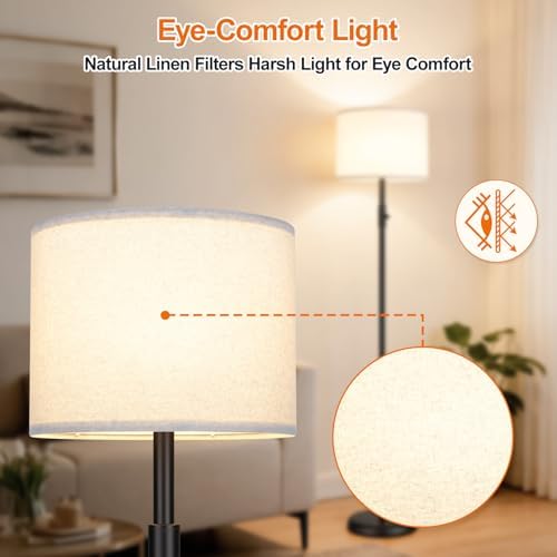 【Upgraded】 Dimmable Floor Lamp for Living Room,1000 Lumens Bulb Included, Modern Floor Lamps Simple Design with Linen Shade, Tall Standing Lamp for Bedroom Office Dining Room, Black Pole Lamp