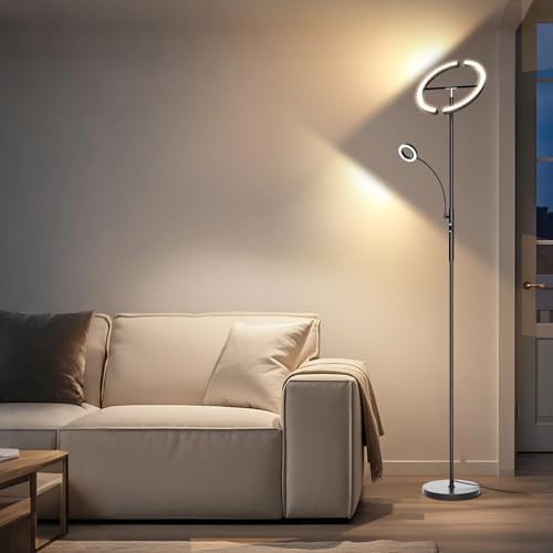 SIBRILLE LED Floor Lamp for Living Room - Modern Standing Lamp with Reading Light, Remote Touch Control Floor Light Dimmable Mother-Daughter Tall Bedroom Lamp for Couch Office, 29W, Black