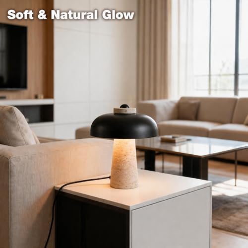 12" Natural Travertine Table Lamp with Black Metal Shade, Decorative Stone Bedside Lamp for Nightstand, Mid-Century Modern Minimalist Stone Desk Light for Small Spaces