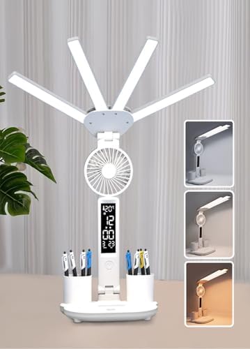 6-in-1 Led Desk Lamp Adjustable Foldable Table Lamp with Fan, Clock, Dates, Temperature, Pen Holder, 3 Color & Stepless Dimming, Reading Lamp for Study Table Work Office