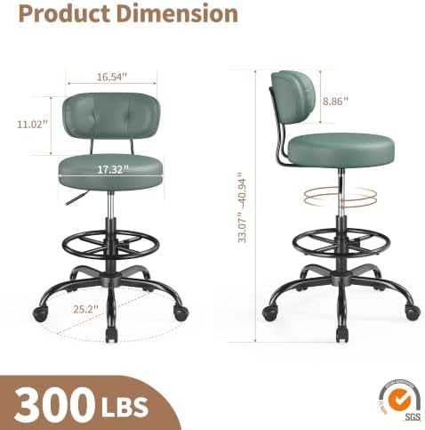 Homkdom Drafting Chair, Green PU Leather