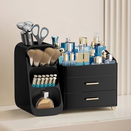 HBlife Cologne Organizer for Men Makeup Organizer with Brush Holder for Vanity, Large Plastic Bathroom Countertop Organizer Skin Care Storage, Fathers Day Gift for Dad Husband, All Black